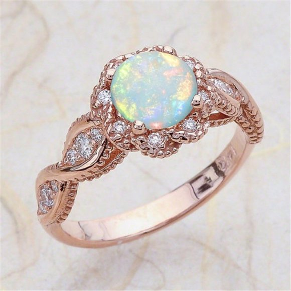 Jewelry - *NEW Rose Gold Round Opal Diamond Halo Twist Ring